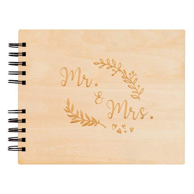 Creawoo 8.5’’ Mr&Mrs Wooden Guest Book Album Memory Keepsake for Wedding Anniversary Birthday with 120 Blank Pages- White Paper Inside