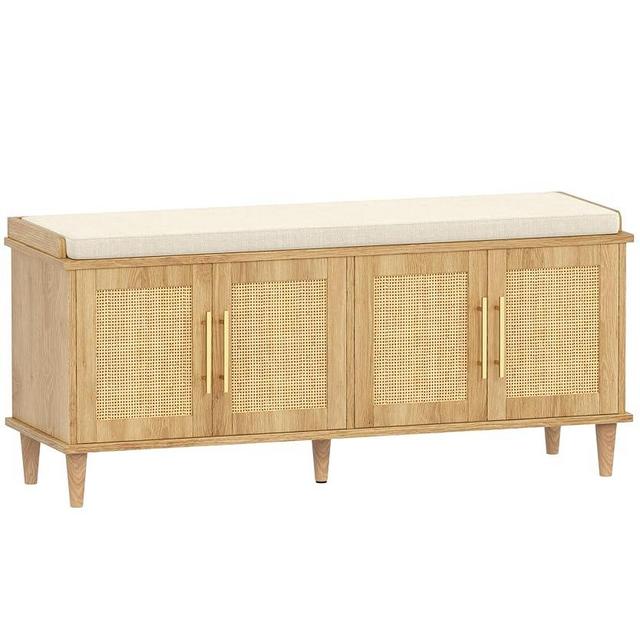 Akxomel Natural Rattan Shoe Storage Bench with Cushion, Entryway Shoe Cabinet Bench with 2 Doors, 15"D x 47.2"W x 20"H, Wooden Shoe Organizer, Adjustable Shelf, Solid Wood Legs, for Hallway, Bedroom