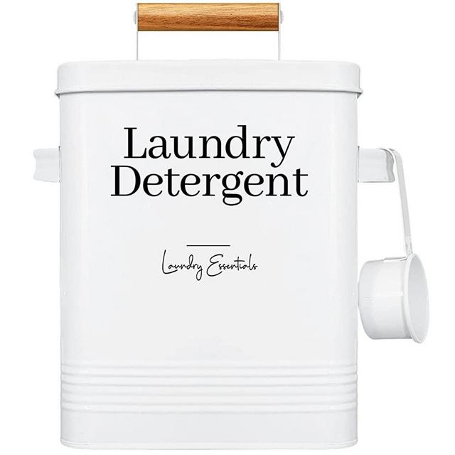 Modern Farmhouse Laundry Detergent Container for Laundry Room Decor and Accessories, Metal Laundry Pods Container for Laundry Decor, Laundry Powder Container for Laundry Room Organization (White)