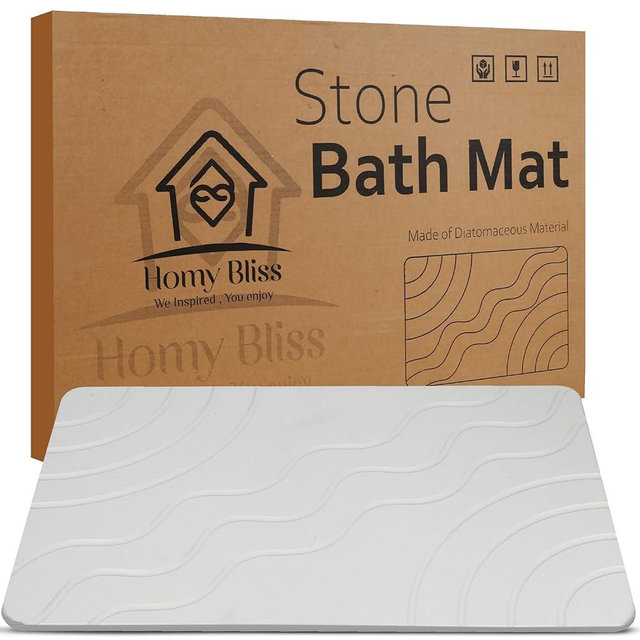 HOMY BLISS Shower Stone Bath Mat for Bathroom - 23.6x15.3 inch Diatomite Stone Bath Mat, Quick-Drying, Non-Slip, Super Absorbent Bathroom Stone Mat, Modern Minimalist Design Stone Bathmat White