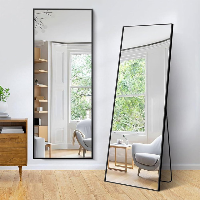 Madewell Living Full Lenth Mirror with Stand, 59"x16" Aluminum Alloy Frame Floor Mirror Hanging or Leaning, Rectangle Full Body Mirror for Bedroom, Living Room, Black