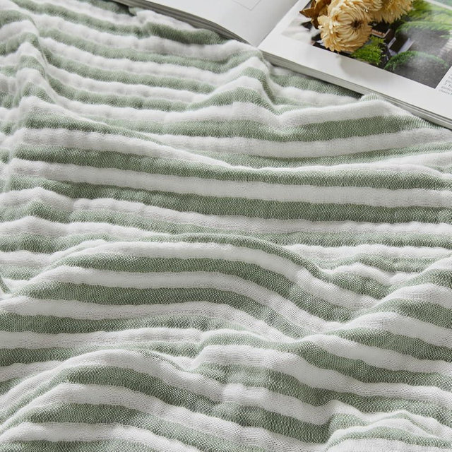 EMME Cotton Muslin King Blanket Bed Layering Bedspread Coverlet Breathable Gauze Soft Lightweight (Striped Sage Green, 108"x90")