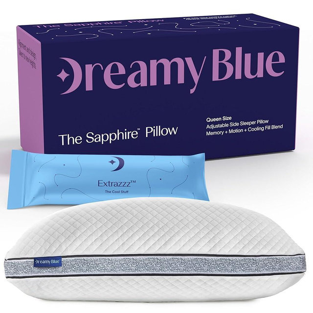 DreamyBlue Gusseted Sapphire Pillow • Adjustable Loft, Luxury Cover, Shredded Memory Foam Fill w/Cooling Beads • Ideal for Wide Shoulders • Neutral Alignment for All • CertiPUR-US Certified (Queen)