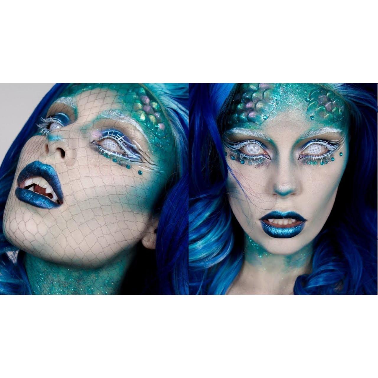 Mermaid makeup with fangs and contacts!