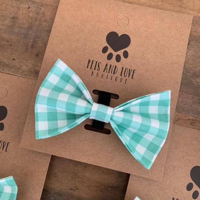 Mint Gingham Dog Bow Tie - Large