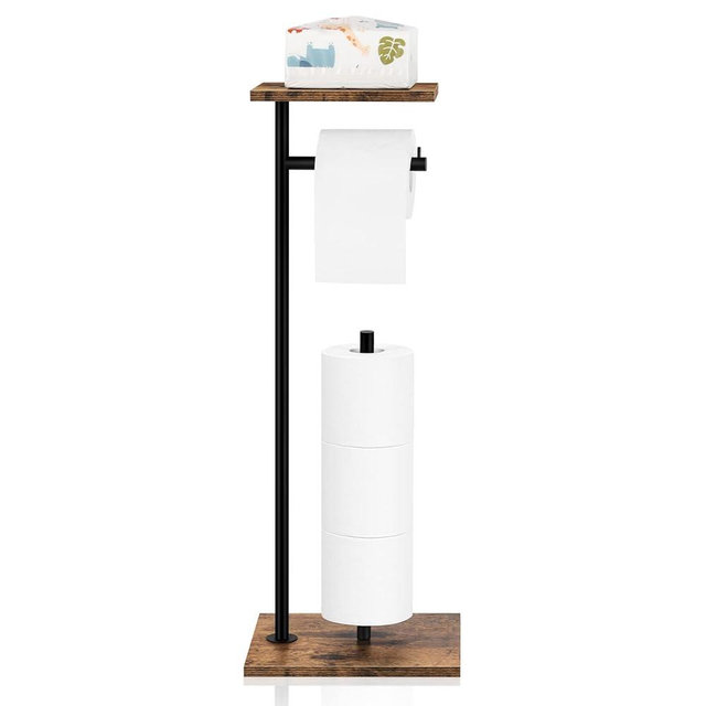 Toilet Paper Holder Stand with Shelf Toilet Paper Roll Holder with Reserve Free Standing TP Holder Rustic Toilet Paper Stand with Shelf for Bathroom Holds Wipe, Mobile Phone, Mega Rolls, Rustic Brown