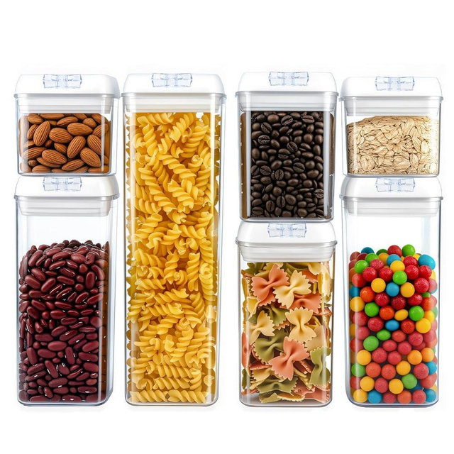 LKTKJDS Airtight Food Storage Containers with Lids 7 pcs Plastic Kitchen and Pantry Organization Canisters for Cereal, BPA Free Kitchen Canisters for Spaghetti, Pasta, Dry Food, Flour and Sugar