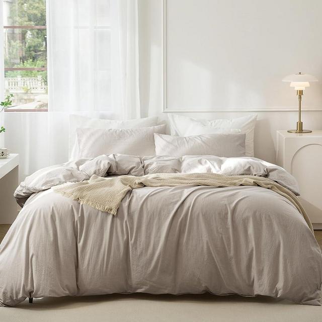 JIYUAN 100% Washed Cotton Duvet Cover Set Comfy Simple Style Soft Breathable Textured Durable Linen Feel Bedding for All Seasons Cal King Size, Tannish Linen Grey