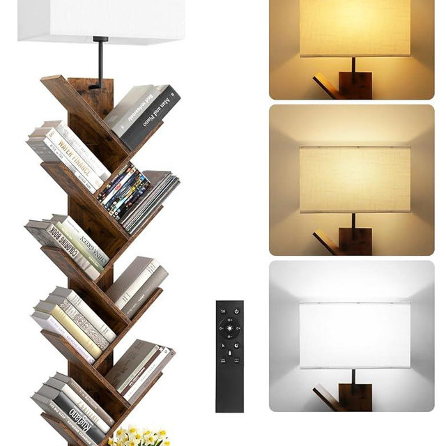 OUTONLIFE 9 Tier Tree Bookshelf with Light, Remote & Timer, Modern Tall Floor Standing Book Shelf, Narrow Wood Bookcase, Small Book Organizer Shelves for Living Room, Bedroom, Office (Rustic Brown)