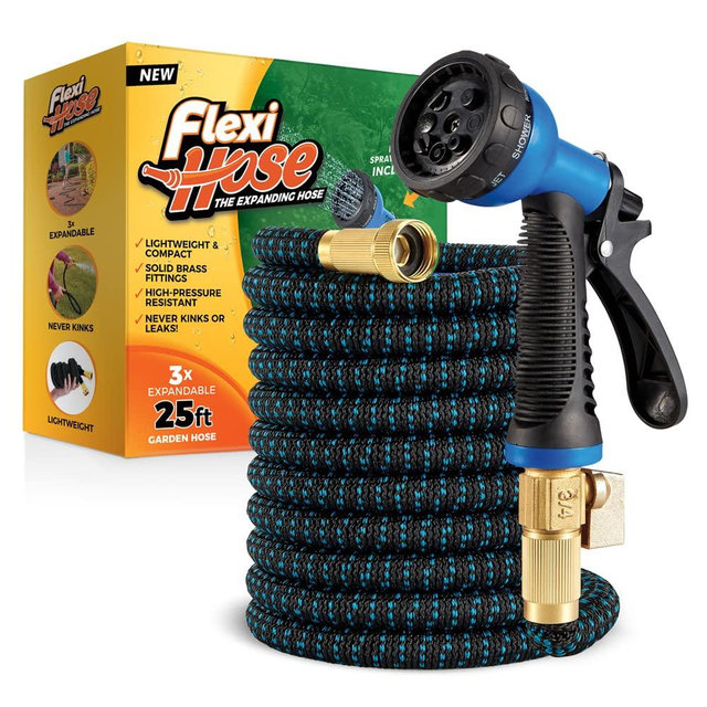 Flexi Hose with 8 Function Nozzle, 25FT - Lightweight Expandable Garden Hose, No-Kink Flexibility, 3/4 Inch Solid Brass Fittings and Double Latex Core