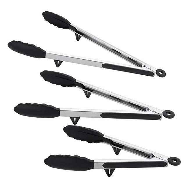 Kitchen Tongs Set of 3-9",12" and 14",Heavy Duty Kitchen Tongs with Silicone Tips, Heat Resist, Stainless Steel Locking Food Tongs for Cooking, Serving, Grill, BBQ & Salad(Black)