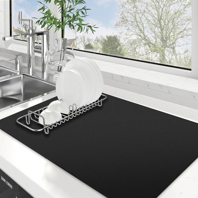 WISELIFE Dish Drying Mat Super Absorbent Drying Mat Large Dish Drying Mats for Kitchen Counter Easy Clean Dish Mat Kitchen Drying Mat 16"x 24" Classic Black