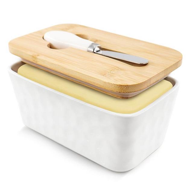 Butter Dish with Lid, Butter Dish with Butter Knife, with Airtight Cover, Butter Keeper for Counter or Fridge, White