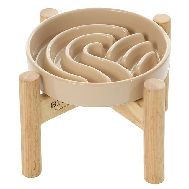 BICOPET Ceramic Maze Dog Slow Feeder with Non-Slip Silicone Rim (& Bamboo Stand) – Heavy-Duty Stoneware Bowl with Puzzle Pattern for Bloating & Obesity Prevention (Raised-Apricot-M)