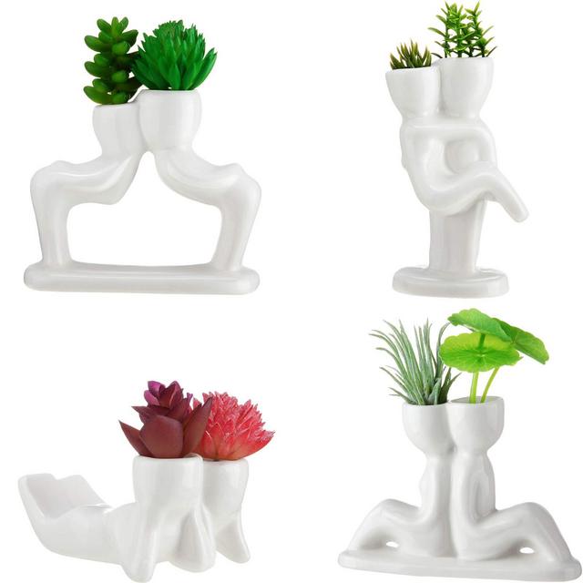 Potchen 4 Pieces Ceramic Air Planters Holder People Head White Cute Table Top Display Planters for Air Plants Lovers DIY Decoration Home Office Holiday Valentine's Day
