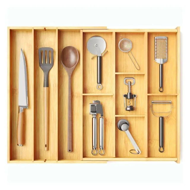 Bamboo Expandable Silverware Drawer Organizer with Labels