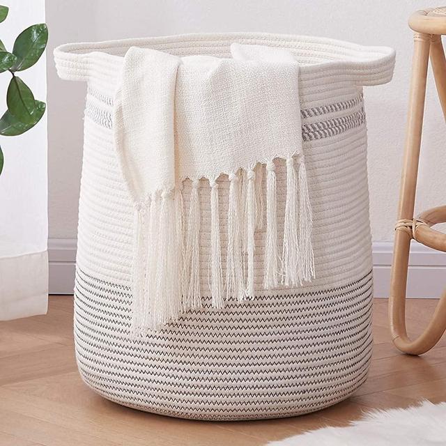 OIAHOMY Laundry Basket-Cotton Rope Basket Large Storage Basket with Handles,Modern Decorative Woven Basket for Living Room,Storage Baskets for Toys, Throws, Pillows,and Towels -18"×16"-Light Grey
