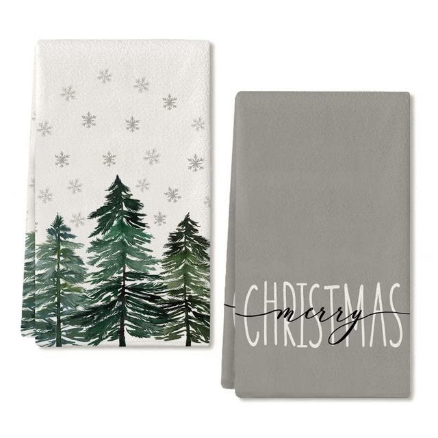 Christmas Dish Towels for Christmas Decor Green Xmas Tree Kitchen Towels 18x26 Inch Noel Grey Snowflake Washcloths Seasonal Ultra Absorbent Bar Drying Merry Christmas Hand Towel for Bathroom Set of 2