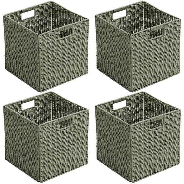 Handwoven Paper Woven Cube Basket Organizer with Handles set of 4 Foldable Storage baskets for Bedroom Living Room Cubby Storage Units for Clothes Books Toys (Green, 13" L x 13" W x 13" H)
