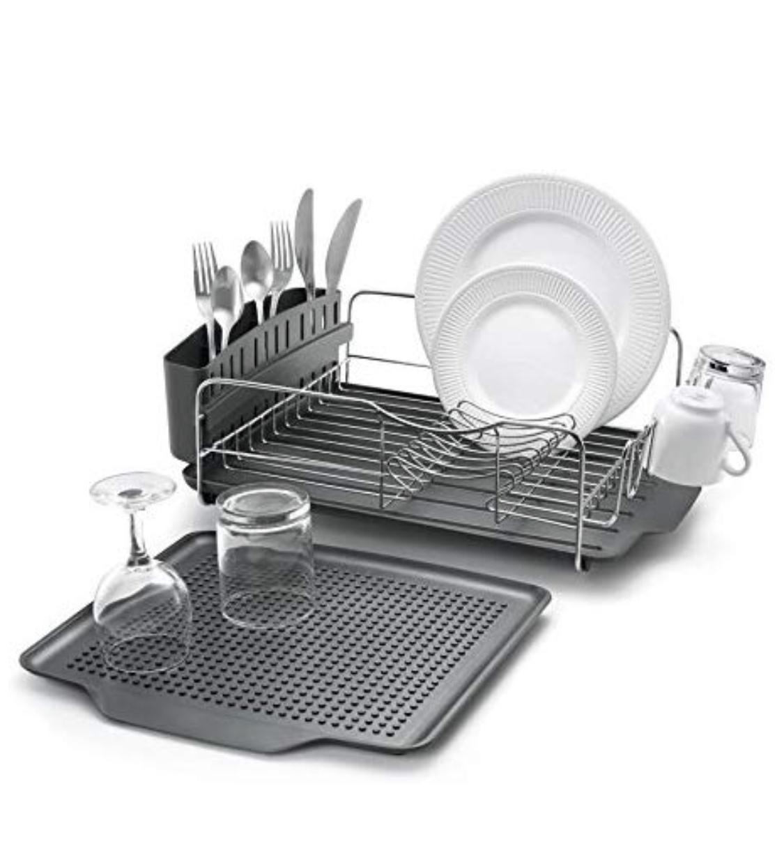 Polder KTH-615 Dish Rack & Tray 4 PC Combo– Advantage System Includes Rack, Drain Tray, Removable Drying Tray & Cutlery Holder – Stainless Steel & Plastic