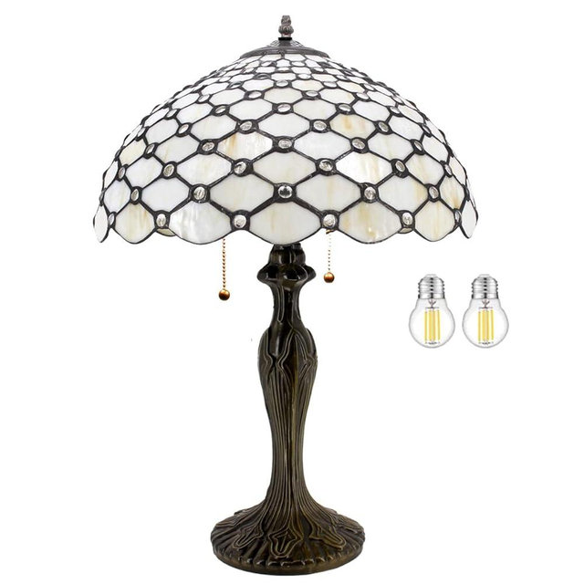 WERFACTORY Tiffany Table Lamp Stained Glass Bedside Lamp 16X16X24 Inches Cream Pearl Bead Desk Reading Light Metal Base Decor Bedroom Living Room Home Office S005 Series