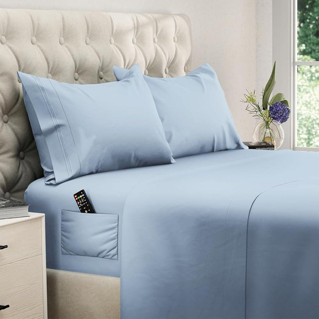 DREAMCARE California King Sheet Sets – 4 pcs Cooling Sheets – up to 21” Deep Cal King Sheets – Hotel Luxury Pillowcases – Superior Softness 100% Fine Microfiber with Side Pocket – Light Blue