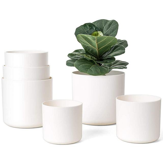 Mkono 6 Pack Plastic Planters, 7/6.5/6/5.5/5/4.5 Inch Plant Pots for Plants Indoor Modern Garden Flower Pot with Drainage for All House Plants, Succulents, Herbs, and Seed Nursery, Cream White