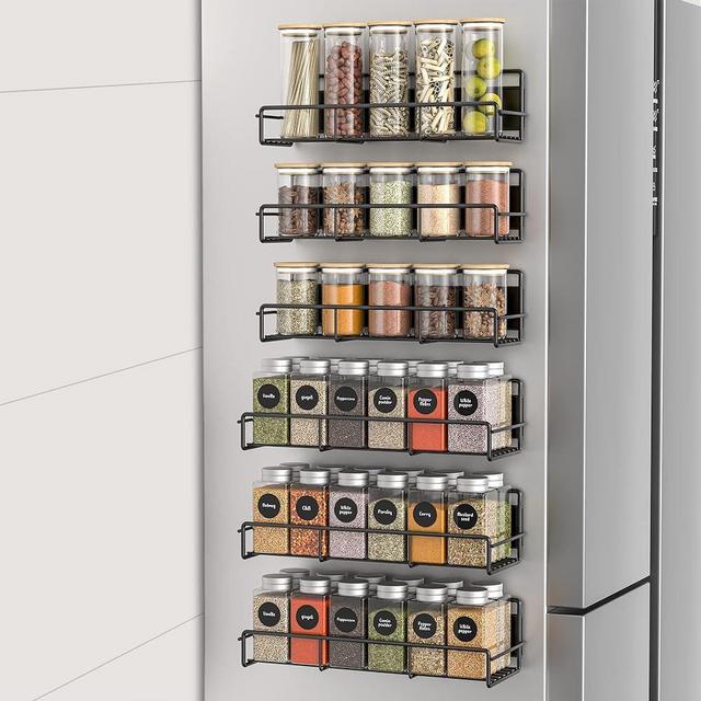 HuggieGems 6 Pack Magnetic Spice Rack Organizer for Refrigerator and Microwave Oven, Metal Fridge Shelf for Kitchen, Matt Black