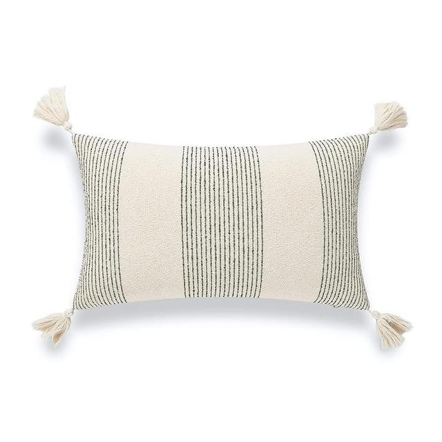 Hofdeco Modern Boho Morrocan Decorative Lumbar Pillow Cover ONLY for Couch, Sofa, or Bed, Black Gray Bold Stripe Tassels, 12"x20"