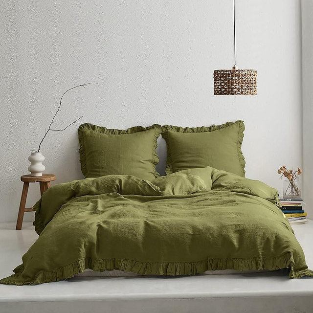 Simple&Opulence 100% Washed French Linen Duvet Cover Set-88'x92'' Queen Size-3 Pieces Boho Vintage Ruffled Farmhouse Bedding 1 Comforter Cover 2 Pillowshams Floral Frill Flax Sets,Olive Green