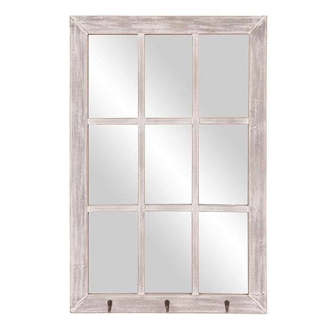 24x36 Distressed White Windowpane Wall Mirror with Hooks