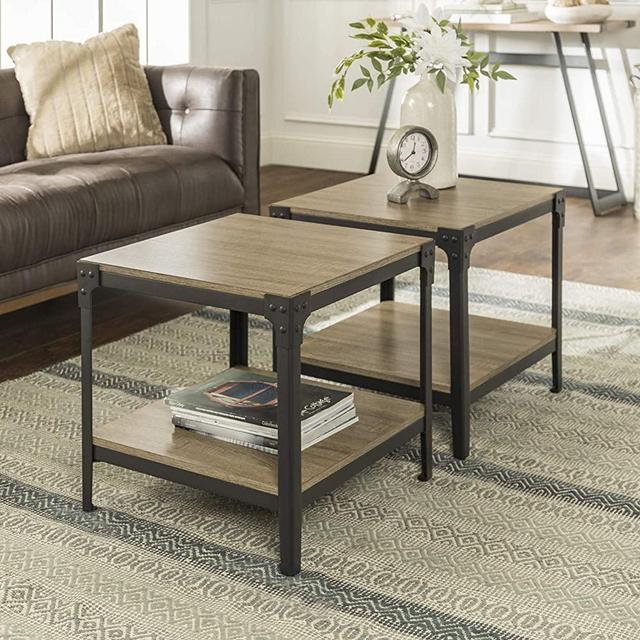 Walker Edison Furniture Company Rustic Farmhouse Square Wood and Metal Frame Side End Accent Table Living Room 2 Tier Storage Shelf, Set of 2, Driftwood