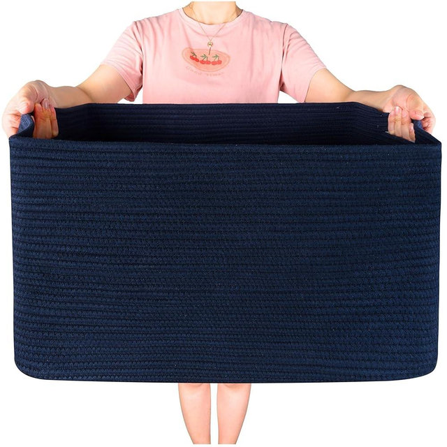 MINTWOOD Design 22in Extra Large Blanket Basket Holder Living Room, Rectangle Rope Woven Storage Basket with Handles for Laundry, Pool Towels, and Shoes, Dog Toy Organizer Bin Box, Full Navy