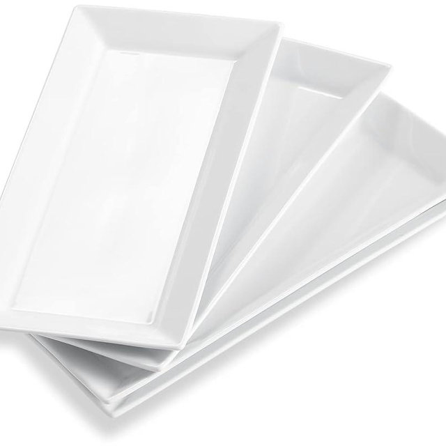 ONEMORE 12 Inch Ceramic Serving Platters, White Rectangular Serving Trays/Dishes for Party Entertaining, Stackable Plates for Dessert Appetizers Meat Sushi - Set of 4