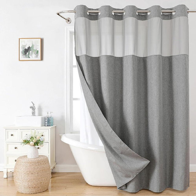 eachope No Hooks Needed Linen Textured Shower Curtain with Snap-in Fabric Liner Set,Hotel Luxury Decor Shower Curtains for Bathroom with See Through Top Window,Waterproof & Washable,71Wx74H,Gray
