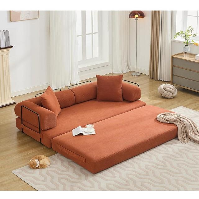 ZEIINPA Convertible Sleeper Sofa Bed with Cylindrical Pillow, Corduroy Folding Mattress Couch with Fixed-Shape Frame, Floor Sofa Lounge Couch for Living Room Bedroom Lounge Studio, Orange