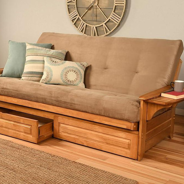 Kodiak Furniture Phoenix Full Size Futon in Butternut Finish with Storage Drawers, Suede Peat
