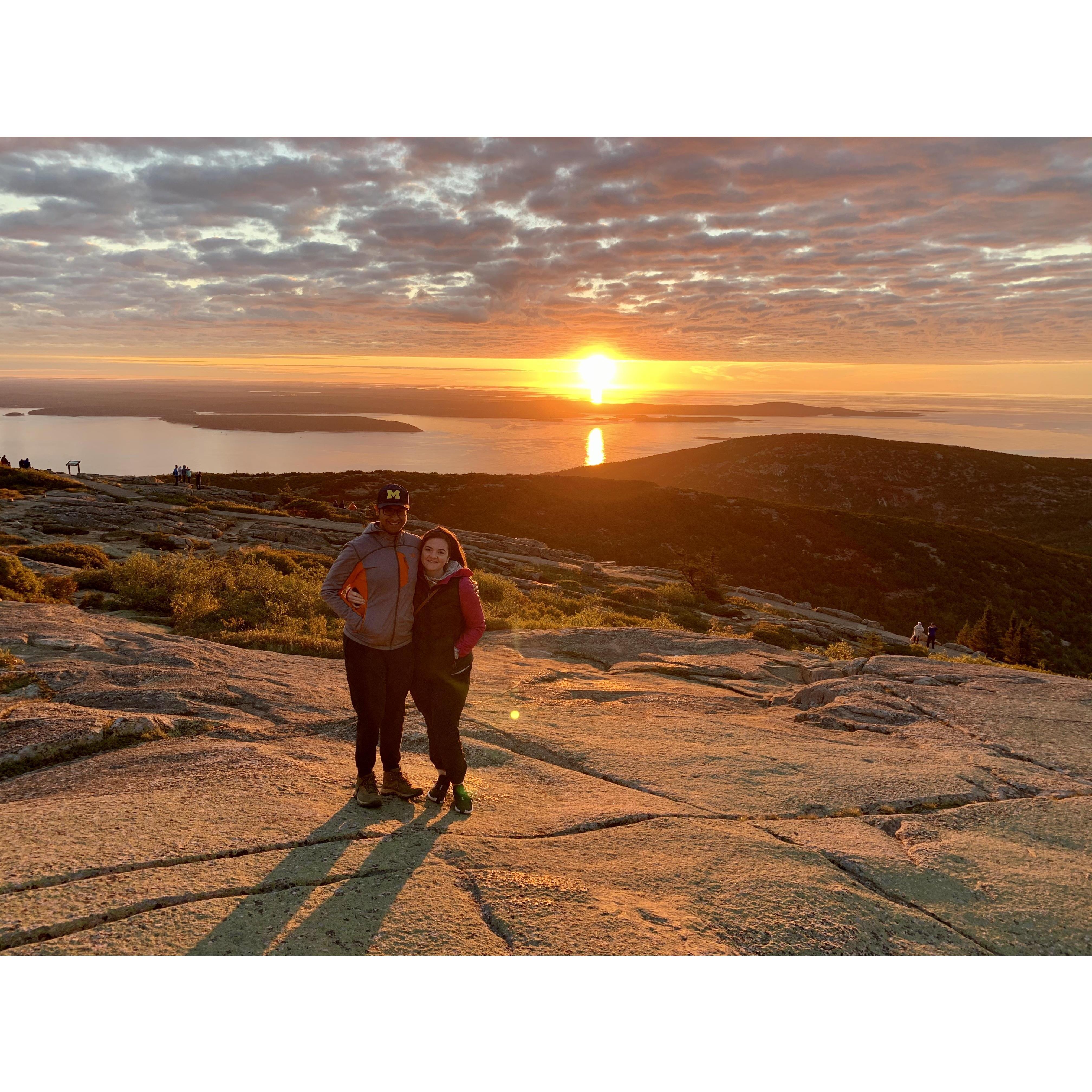 Watching the sunrise on Cadillac Mountain in Acadia National Park, Maine