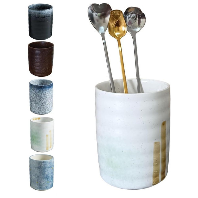 Stoneware Coffee Spoon Holder for Coffee Bar, Tea Spoon Holder Jar Teaspoon Holder Coffee Stirrers Holder Upright Coffee Spoon Holder Cup, Coffee Stir Stick Holder Small Utensil Holder (Spring Sprout)