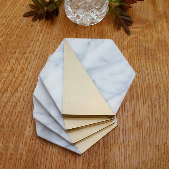 Marble and Gold- Hexagon Coasters- set of 4
