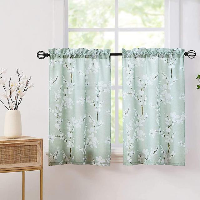 Fmfunctex Green White Kitchen Tier Curtains 24-inch Length Blossom Print Half Window Drapes for Bathroom Floral Light Filtering Privacy Protected Café Curtain Panels Rod Pocket 1 Pair