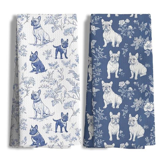 Nipil Chinoiserie French Bulldog Kitchen Towels, Blue and White Floral Botanical Grandmillennial Dog Decor Dish Tea Towels, French Bulldog Gifts Hand Towels for Kitchen Bathroom, 16x24 Inch