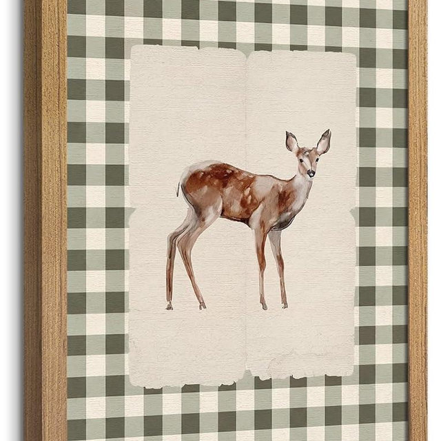 Wood Framed Deer Wall Art, Vintage Green Gingham Woodland Baby Deer Print on Canvas, Rustic Farmhouse Animal Poster for Nursery Wall Decor, Cottagecore Nature Picture for Bedroom Kitchen, 8x10 Inch