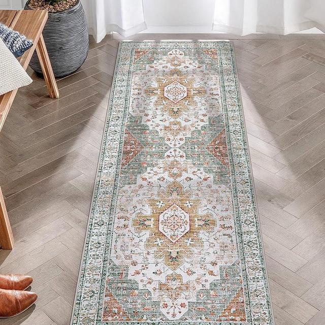 Moynesa Ultra-Thin Washable Runner Rug - 2x6 Bathroom Runner Washable Laundry Room Rug Printed Entryway Carpet Runner, Vintage Pet Friendly Low Pile Runners for Living Bedroom Kitchen, Beige/Gold