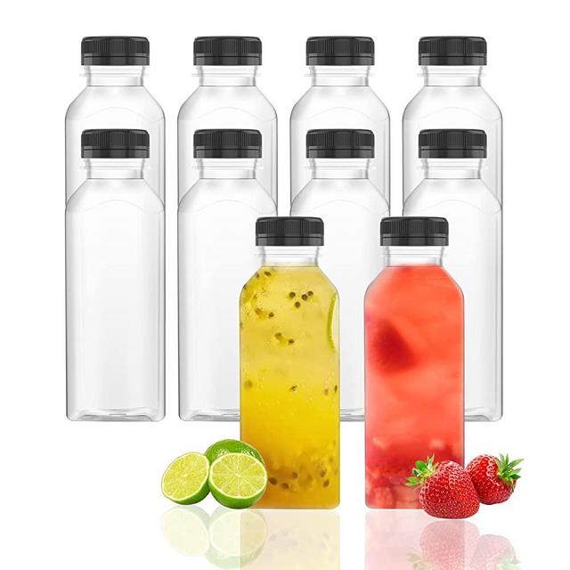 17 OZ Plastic Fillable Juice Bottles, Clear Bulk Beverage Containers with Black Tamper Evident Lids for Juice, Milk and Homemade Beverages, Pack of 10