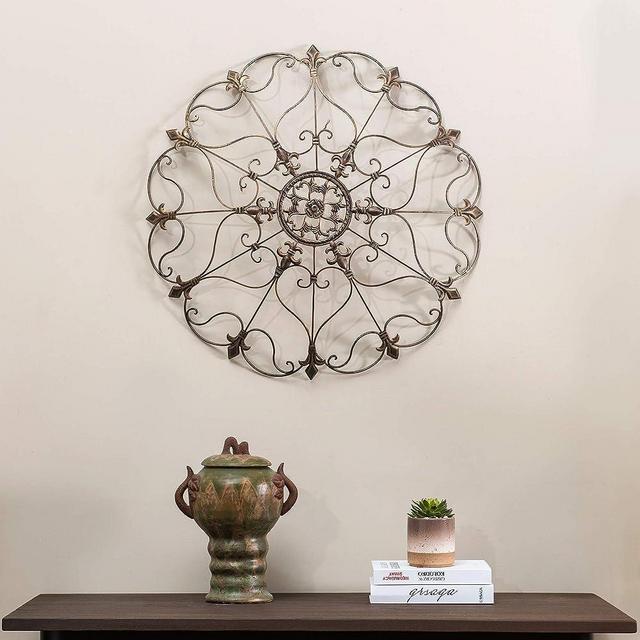 Sunjoy Vintage Gold Fleur-De-Lis Wall Decor Indoor Outdoor Distressed Decoration Metal Wall Art with Keyhole Hanger, 29’’ x 29’’ x 4’’