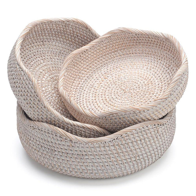 YANGQIHOME Rattan Round Fruit Baskets, Wicker Storage Bowls, Natural Woven Serving Basket Bowls, Decorative Baskets for Kitchen Counter Organizing, Whitewash, Set of 3