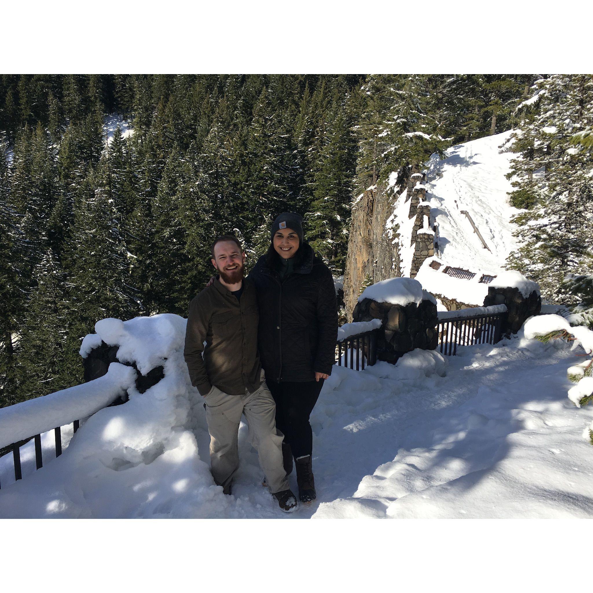 January 2017 Our first time over to Bend together we made the stop at Salt Creek Falls and hiked through the snow to this spot. The spot we went back to when we got engaged.