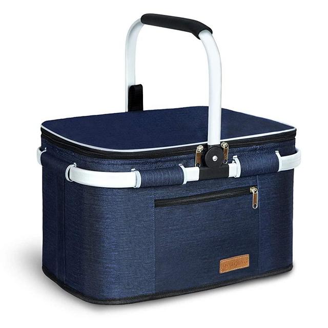LIQING 35L Large Picnic Basket Shopping Travel Camping Grocery Bags 2 Layers of Internal Pockets Leak-Proof and Insulated Folding, Internal Support Does Not Collapse