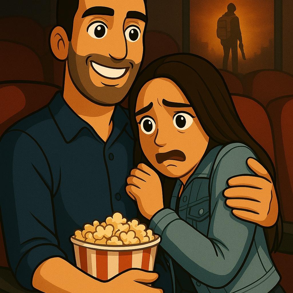THEY PLANNED A DATE
WITH A MOVIE TO SEE,
BUT THE CHOICES WERE SLIM -
JUST THEIR LUCK, ONLY 3!
THEY LAUGHED & THEY SAID,
"WE'LL MAKE IT THROUGH,"
& THAT NIGHT, NO NIGHTMARES,
JUST DREAMS COMING TRUE.